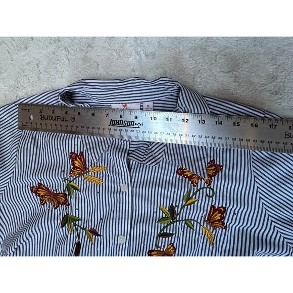Quacker Factory Womens Embroidered Striped Button Down Shirt Size 1X Black White - Picture 6 of 8